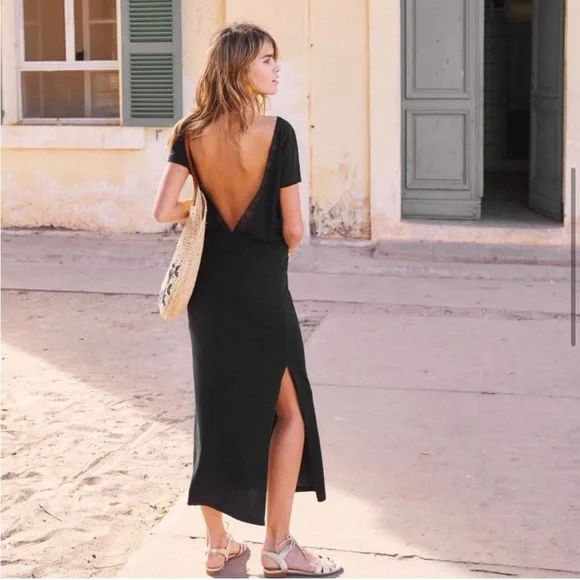 Sezane Lucille Dress Open Back Lace Black Midi Dress - Picture 6 of 16